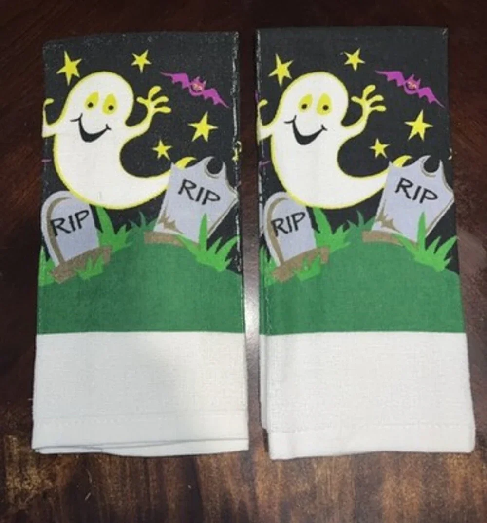 2 Vintage Halloween Hand Towels RIP Ghost Graveyard